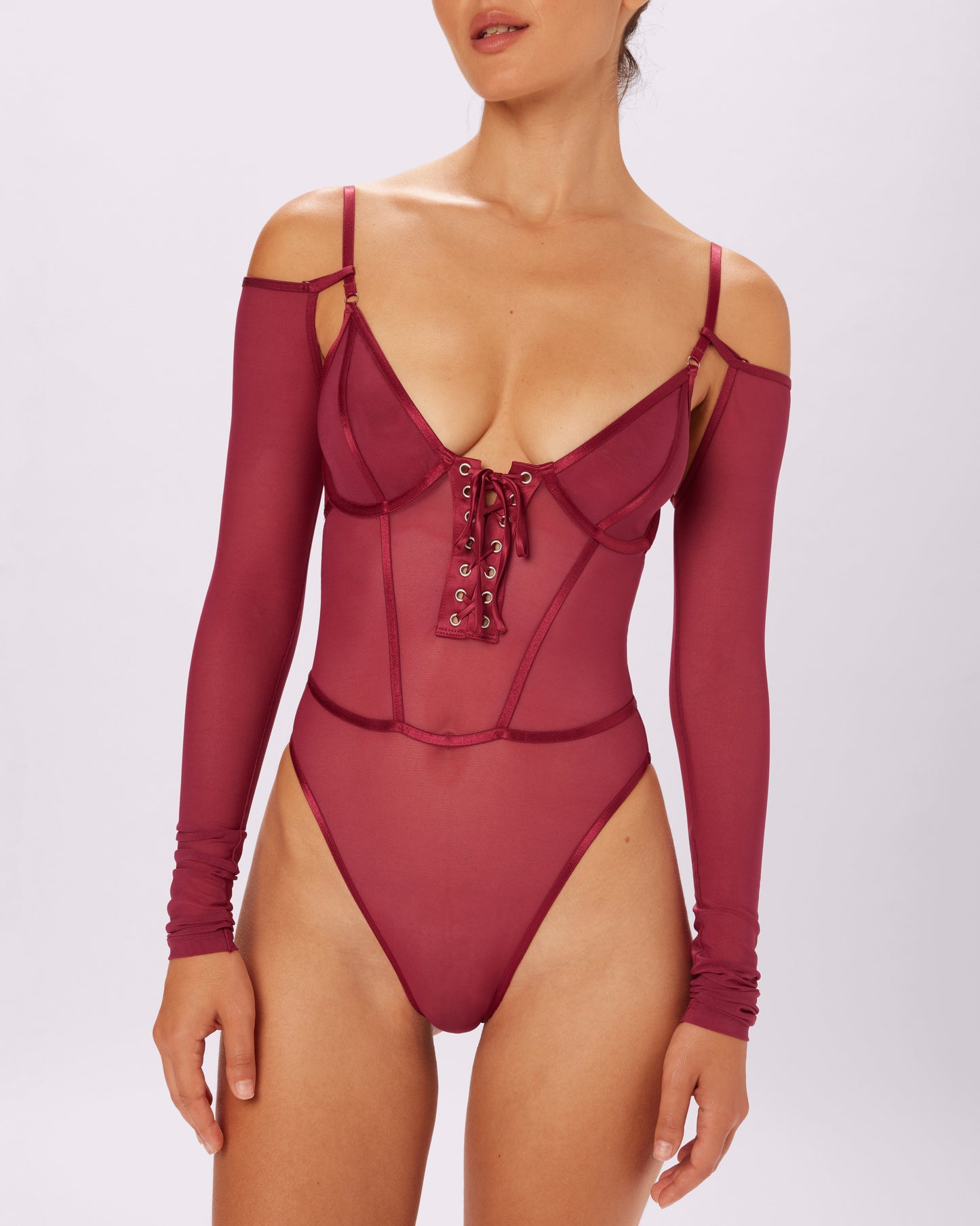 Sheer Sculpt Convertible Sleeve Bodysuit | Silky Mesh (Lambrusco)