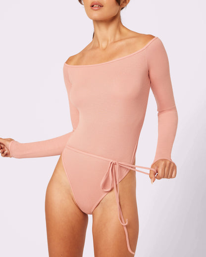 Comfort Rib Tie-Back Long Sleeve Bodysuit | Lush Rib (Hot Honey)