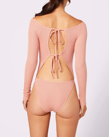 Comfort Rib Tie-Back Long Sleeve Bodysuit | Lush Rib (Hot Honey)