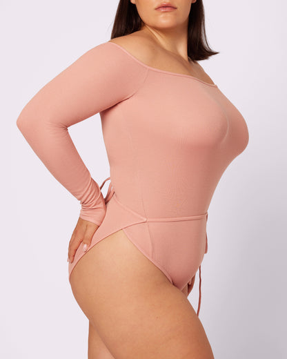 Comfort Rib Tie-Back Long Sleeve Bodysuit | Lush Rib (Hot Honey)