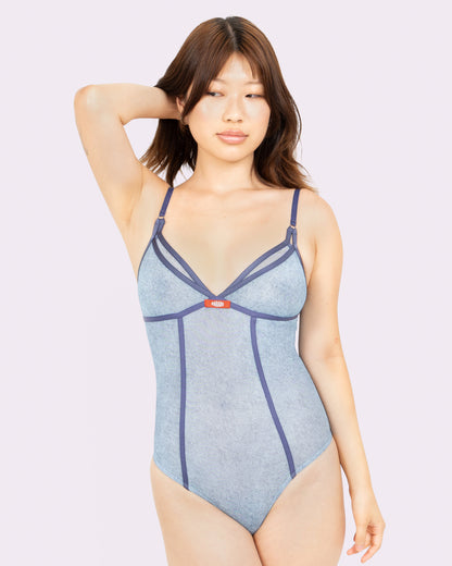 Silky Mesh Sheer Cutout Bodysuit | Silky Mesh (Denim Dupe)