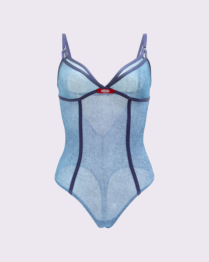 Silky Mesh Sheer Cutout Bodysuit | Silky Mesh (Denim Dupe)