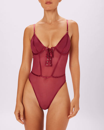 Sheer Sculpt Convertible Sleeve Bodysuit | Silky Mesh (Lambrusco)