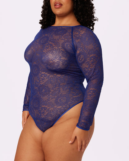 Flirty Lace Long Sleeve Bodysuit | Soft Lace (True Blue)