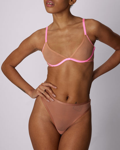 High Cut Thong | Silky Mesh  (Peach Fuzz)