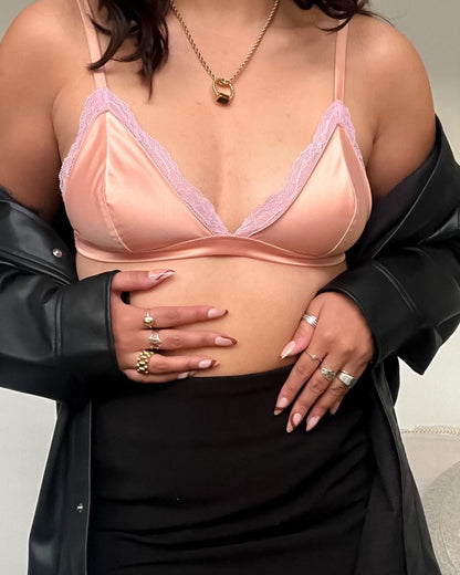 Luminous Lace Triangle Bralette | Glow Satin | Archive (Pink Peony)