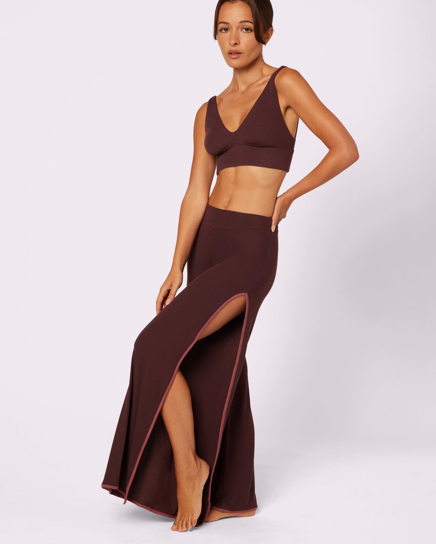 Comfort Rib Wide Leg Slit Pants | Lush Rib (Pretzel)