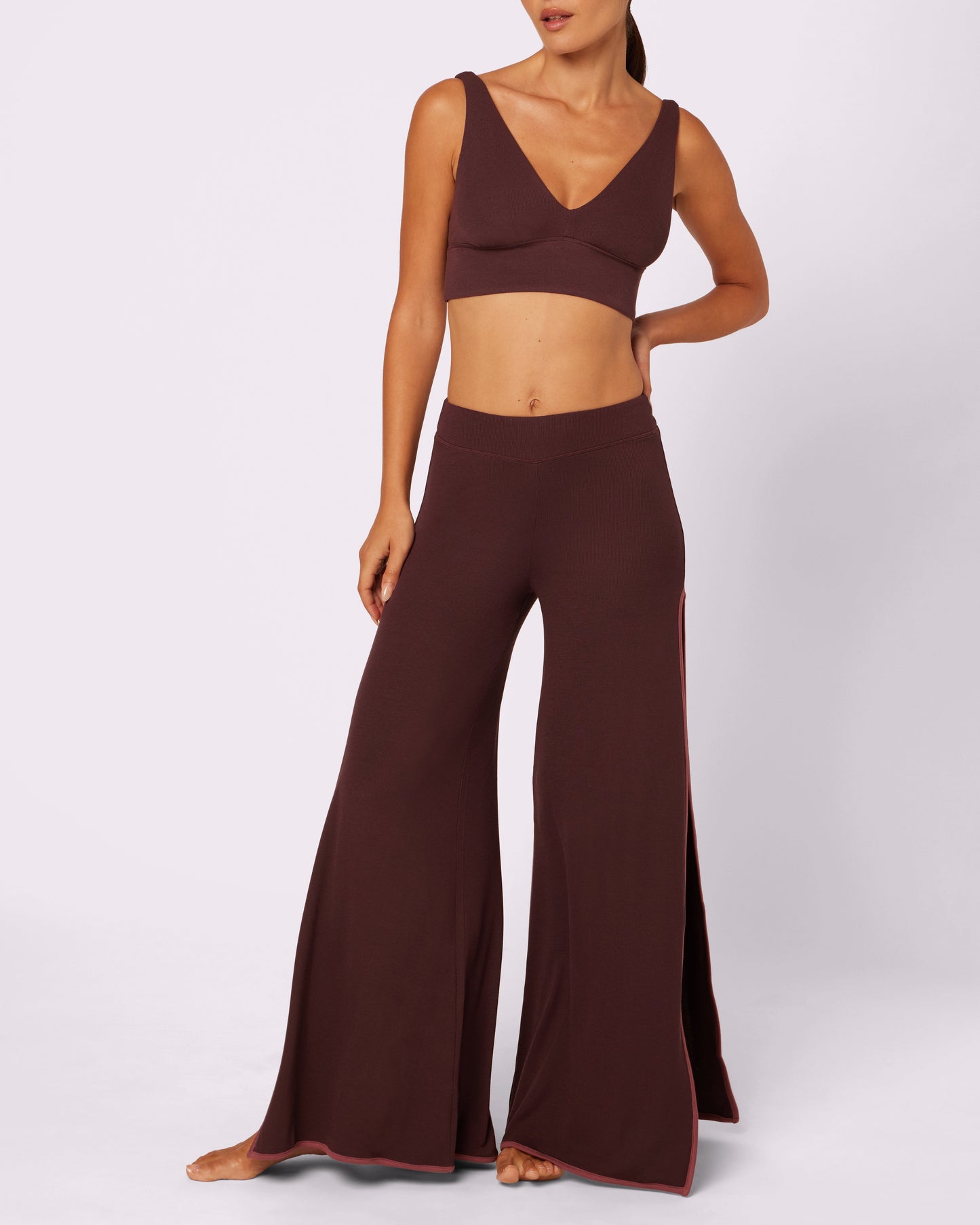 Comfort Rib Wide Leg Slit Pants | Lush Rib (Pretzel)