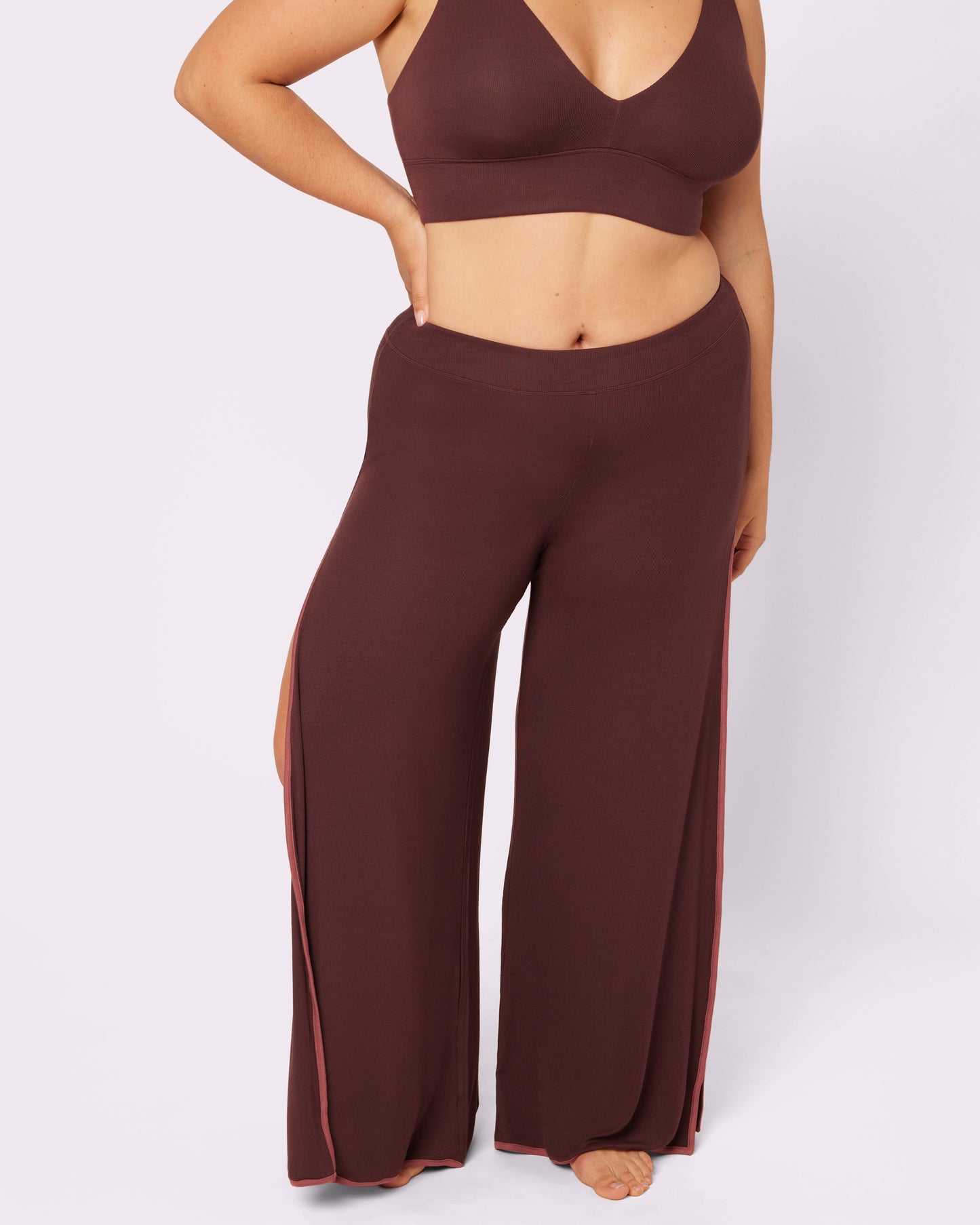 Comfort Rib Wide Leg Slit Pants | Lush Rib (Pretzel)